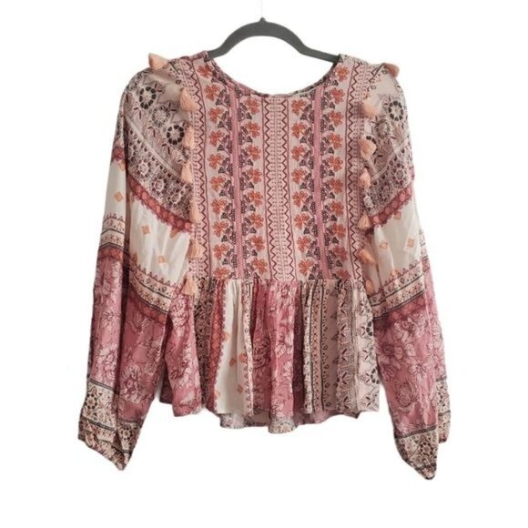 NEW American Eagle Embroidered Mixed Print Peasant Shirt Blouse Boho - Picture 2 of 8